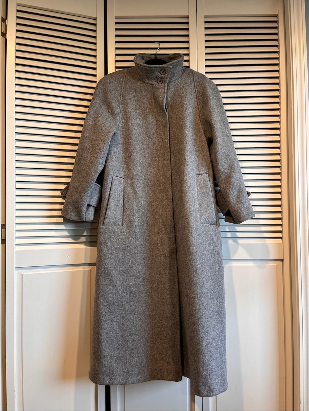 Women's Gray Wool-Blend Long Trench Coat with Stand Collar - Made in the USA 🇺🇸
